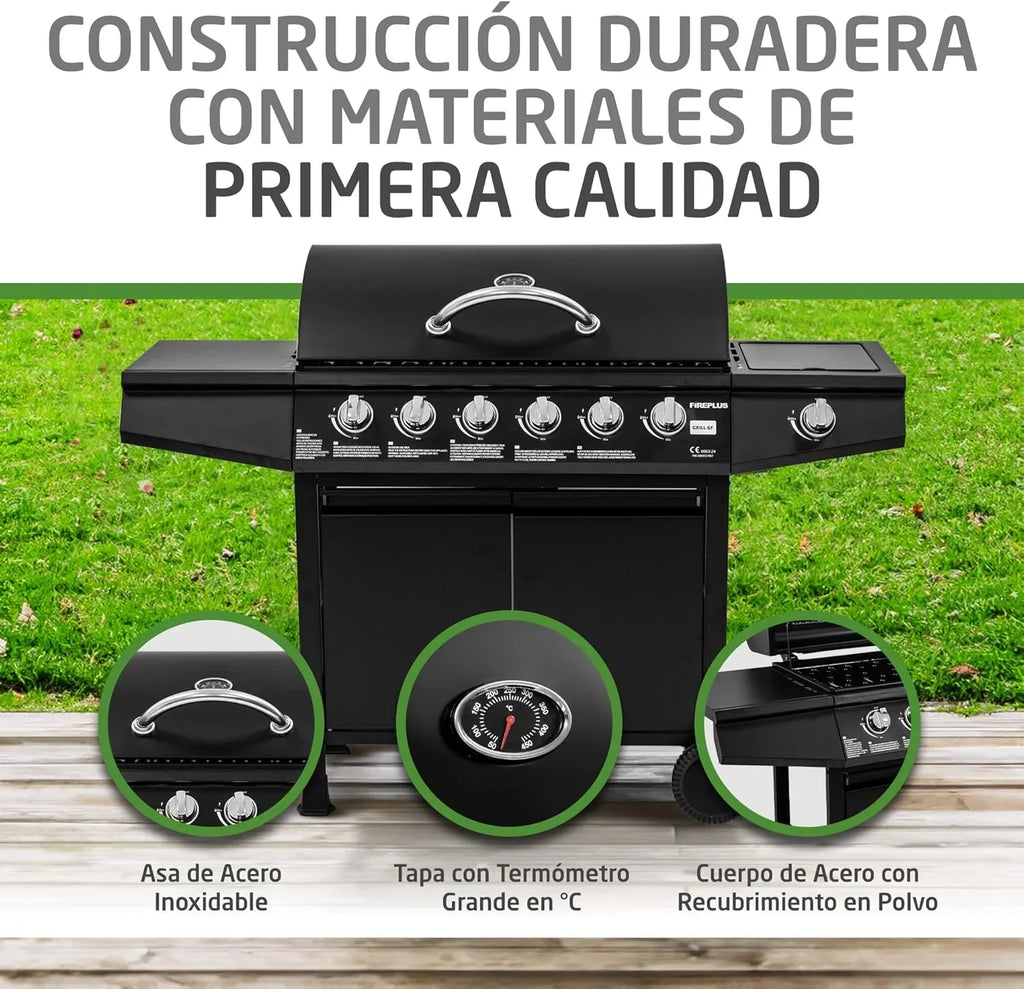 Barbacoa de gas Fireplus 6+1 de 12,9 kW - Acero inoxidable negro - Parrilla con ruedas Modelo GRILL-6F - Barbacoa XXL con carro y termómetro - 138x52x103 cm - 7 quemadores y bandeja lateral