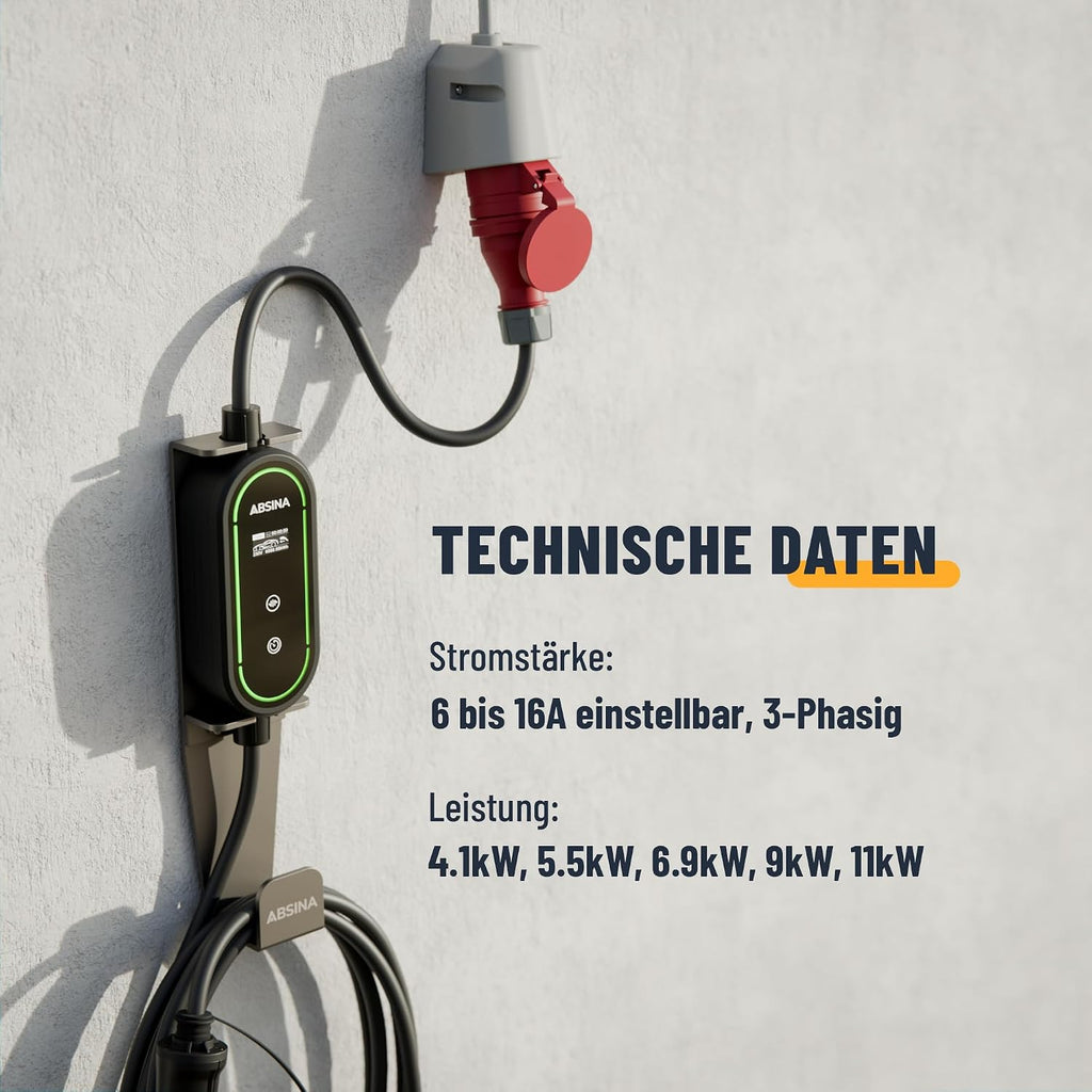 Cargador de pared móvil ABSINA 11kW con potencia de carga ajustable - Cable de carga tipo 2 para coche eléctrico, 16A, trifásico, IP67, cable de 6,6 m - Cargador de 11kW para i3, e-Up, ID.3, Zoe, fortwo, Kona y muchos más
