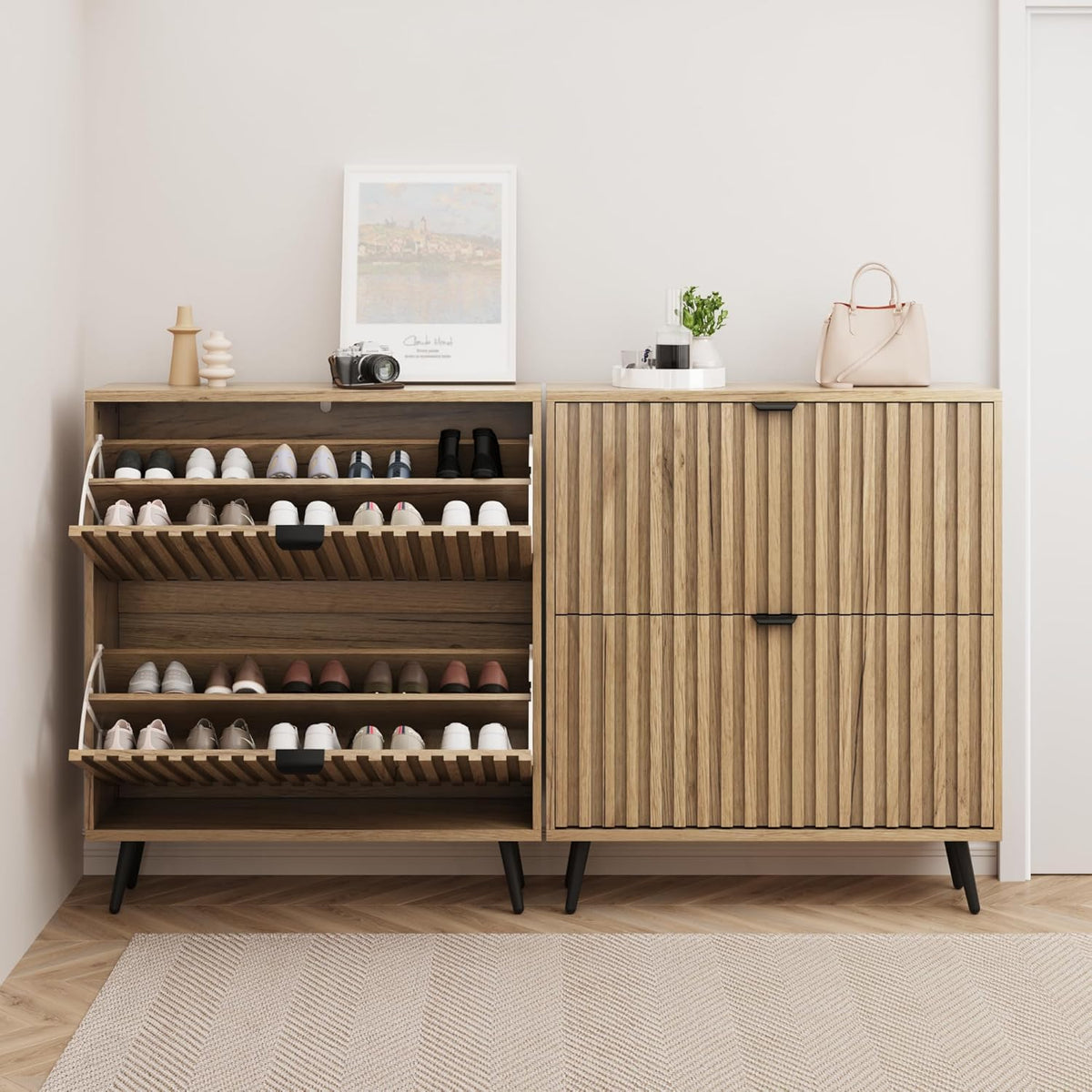 Zapatero Smuxee con 2 cajones abatibles, 80 cm, zapatero oculto natural con diseño estriado, organizador de zapatos independiente para entrada, pasillo, armario, sala de estar