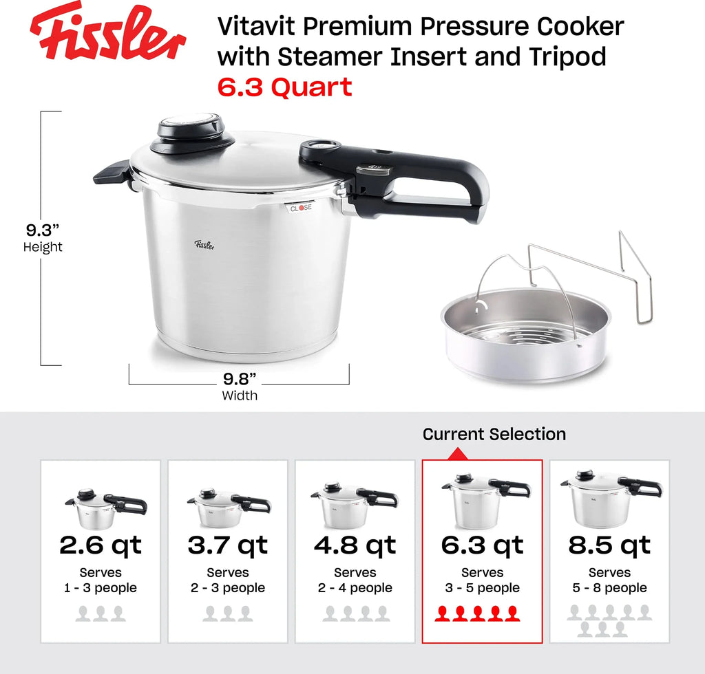 Olla a presión Fissler Vitavit Premium 6L 22cm de acero inoxidable, 4 niveles de cocción, incluye cestillo, fabricada en Alemania, apta para inducción