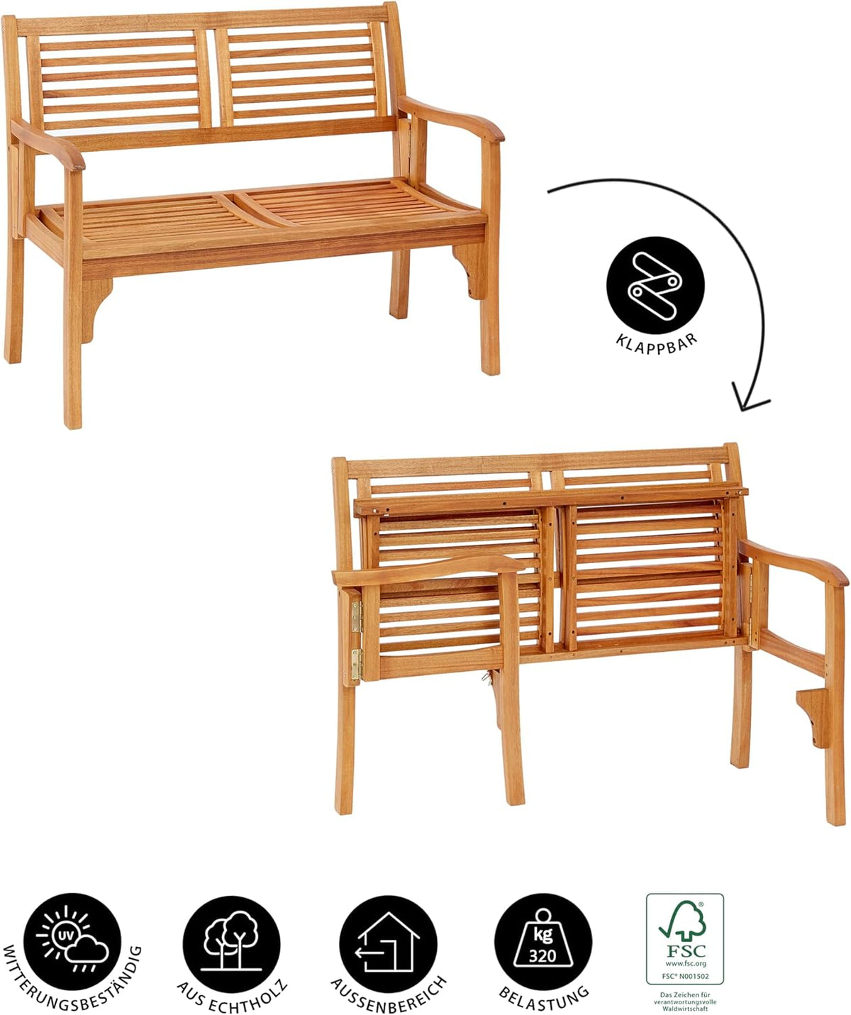 Banco plegable Dehner Douglas, 2 plazas, aprox. 119 x 62 x 90 cm, de madera de acacia con certificación FSC®, natural