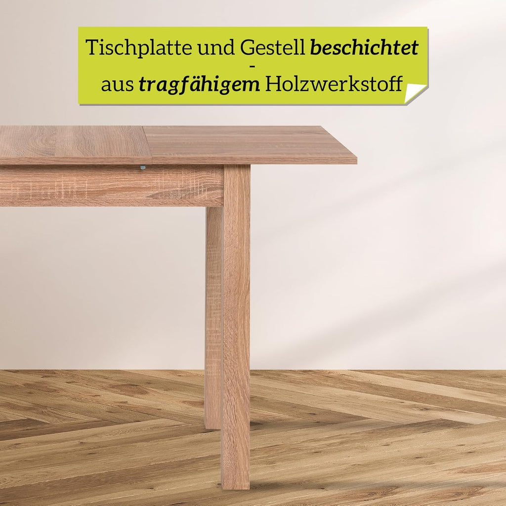 Mesa de comedor inteligente de 90x60 cm en roble, mesa de cocina extensible hasta 130 cm, mesa de comedor de madera contrachapada incl. placa de extensión, mesa moderna para hasta 6 personas