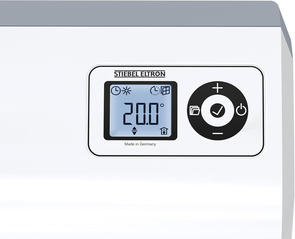 Calefactor rápido STIEBEL ELTRON CK 20 Trend LCD para aprox. 25 m², certificado TV, fabricado en Alemania, pantalla LCD, temporizador semanal, termoventilador cerámico de bajo consumo, baño, 2 kW, 236653