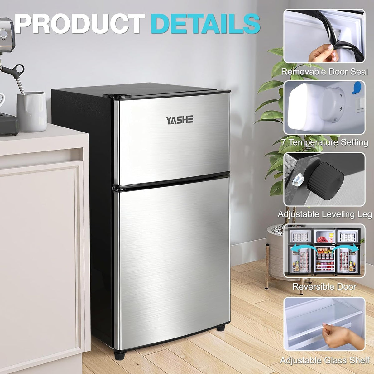 YASHE 86L Mini-refrigerador con congelador, nevera de doble puerta con congelador superior, frigorífico combinado, refrigerador con congelador para habitación, oficina, cocina y dormitorio, negro