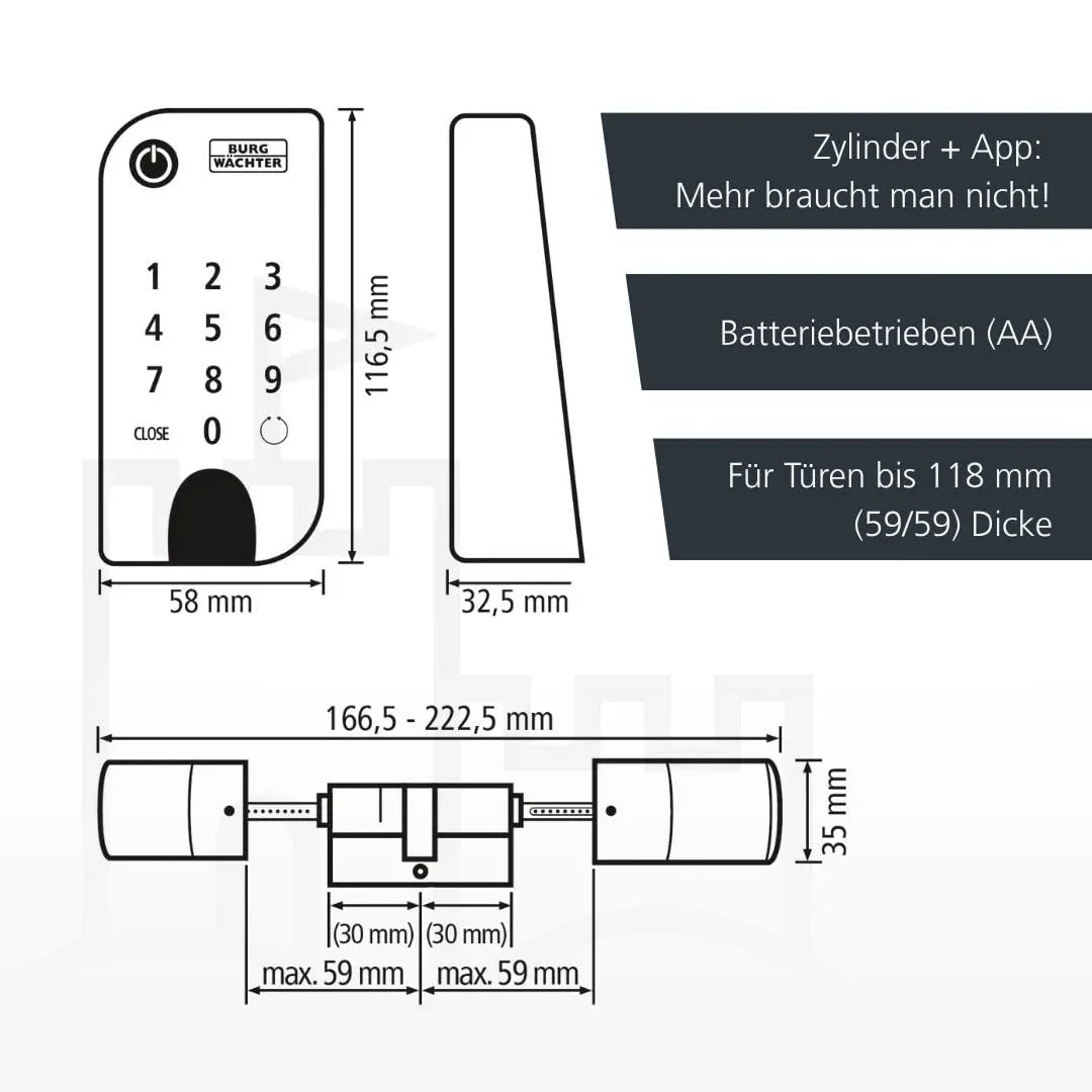 BURG-WÄCHTER Cerradura electrónica para puerta ENTRYeasy 7601 PIN, cilindro, teclado, aplicación, código PIN, llave inalámbrica, negro, acero inoxidable
