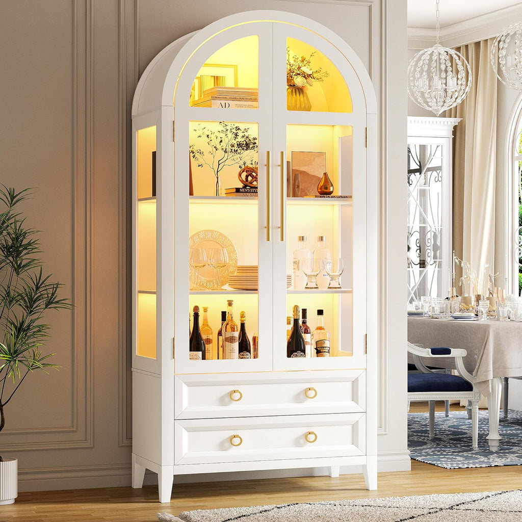 Vitrina de cristal arqueada LVSOMT con iluminación LED, mueble vitrina de 180 cm con puertas de cristal, vitrina curva con 4 estantes de exposición y 2 cajones, luz de 3 colores, vitrina de cristal y madera para salón y pasillo, blanco