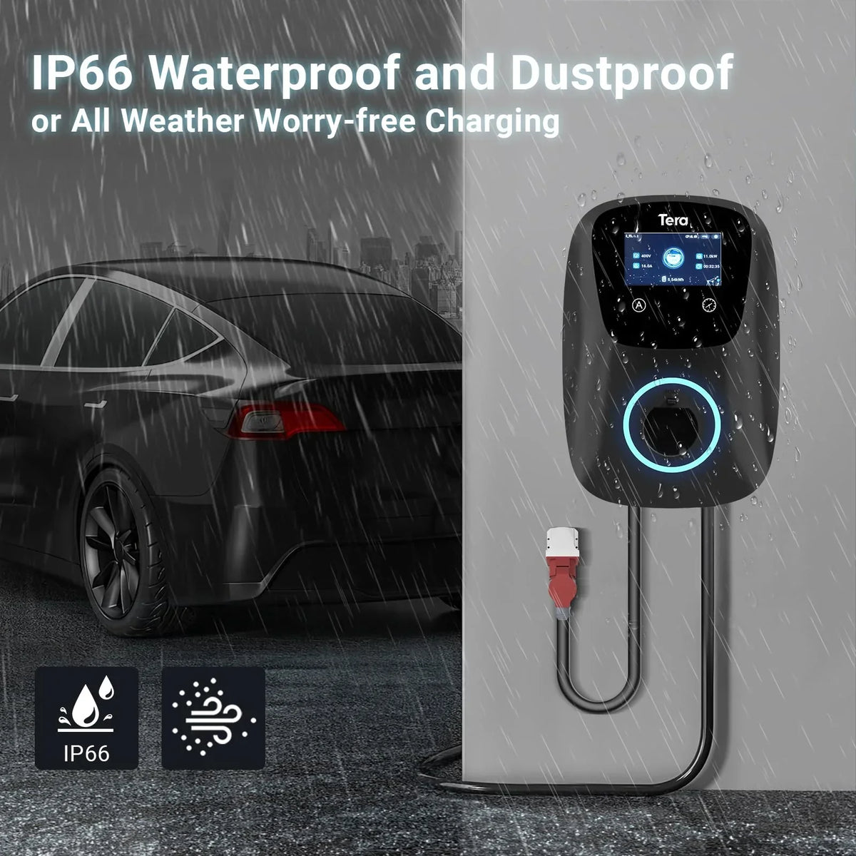 Tera EV Wallbox Tipo 2 11kW 16A 400V Enchufe CEE trifásico App Wi-Fi Bluetooth Cable de carga de 7m Soporte de pared CE TÜV PHEV W01