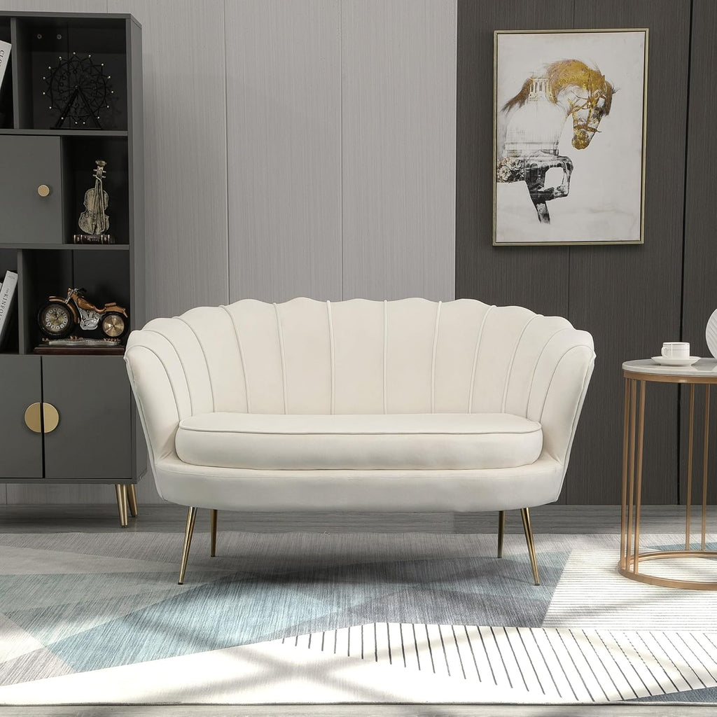 Sofá de 2 plazas HOMCOM con reposabrazos, respaldo en forma de pétalo, acolchado grueso, sofá tapizado moderno con aspecto de terciopelo y patas de metal para salón, 130 x 77 x 77 cm, blanco crema