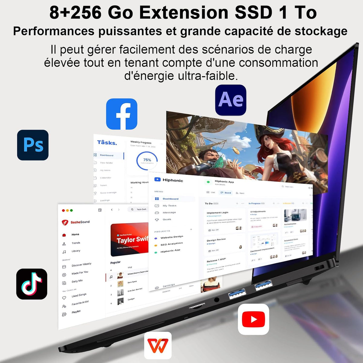 Portátil de 14 pulgadas Celeron N5095 Win11 Pro 8 GB RAM 256 GB SSD con expansión de 1 TB, WiFi 5G, FHD 1920x1080, PC portátil con ratón inalámbrico, teclado QWERTY con membrana de teclado AZERTY - Negro metalizado