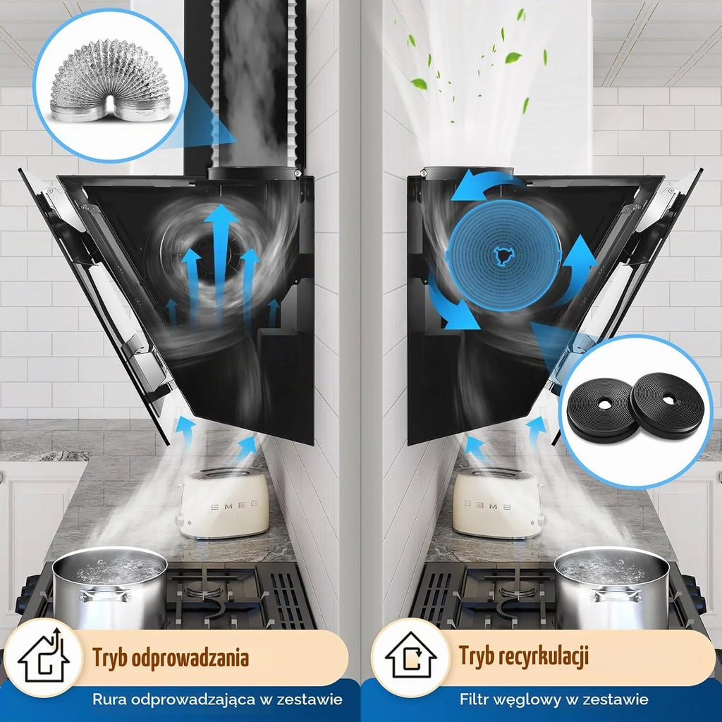 TopStrong Okap kuchenny 60 cm, 800 m³/h, obieg powietrza wylotowego z filtrem z węglem aktywnym, A+++, cichy okap z oświetleniem LED, okapy ścienne, 3 stopnie + ekran dotykowy Booster, silnik