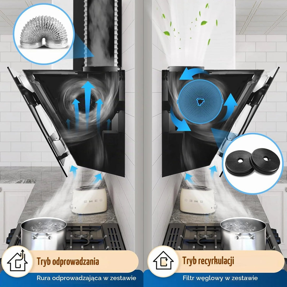 TopStrong Okap kuchenny 60 cm, 800 m³/h, obieg powietrza wylotowego z filtrem z węglem aktywnym, A+++, cichy okap z oświetleniem LED, okapy ścienne, 3 stopnie + ekran dotykowy Booster, silnik