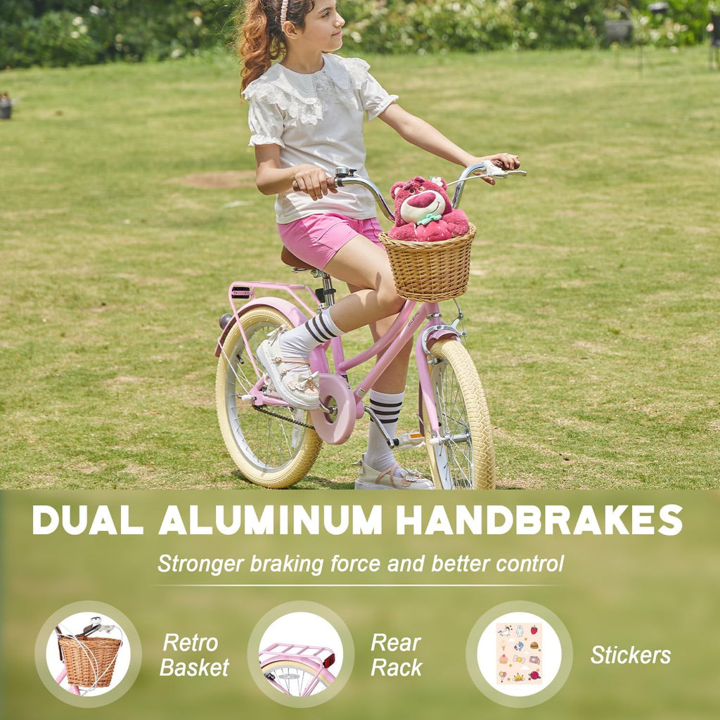 Glerc Missy 20, 24, 26 pulgadas bicicleta híbrida urbana tipo crucero para niñas, de 6 velocidades, con cesta de mimbre, para jóvenes mayores de 6 años, varios colores