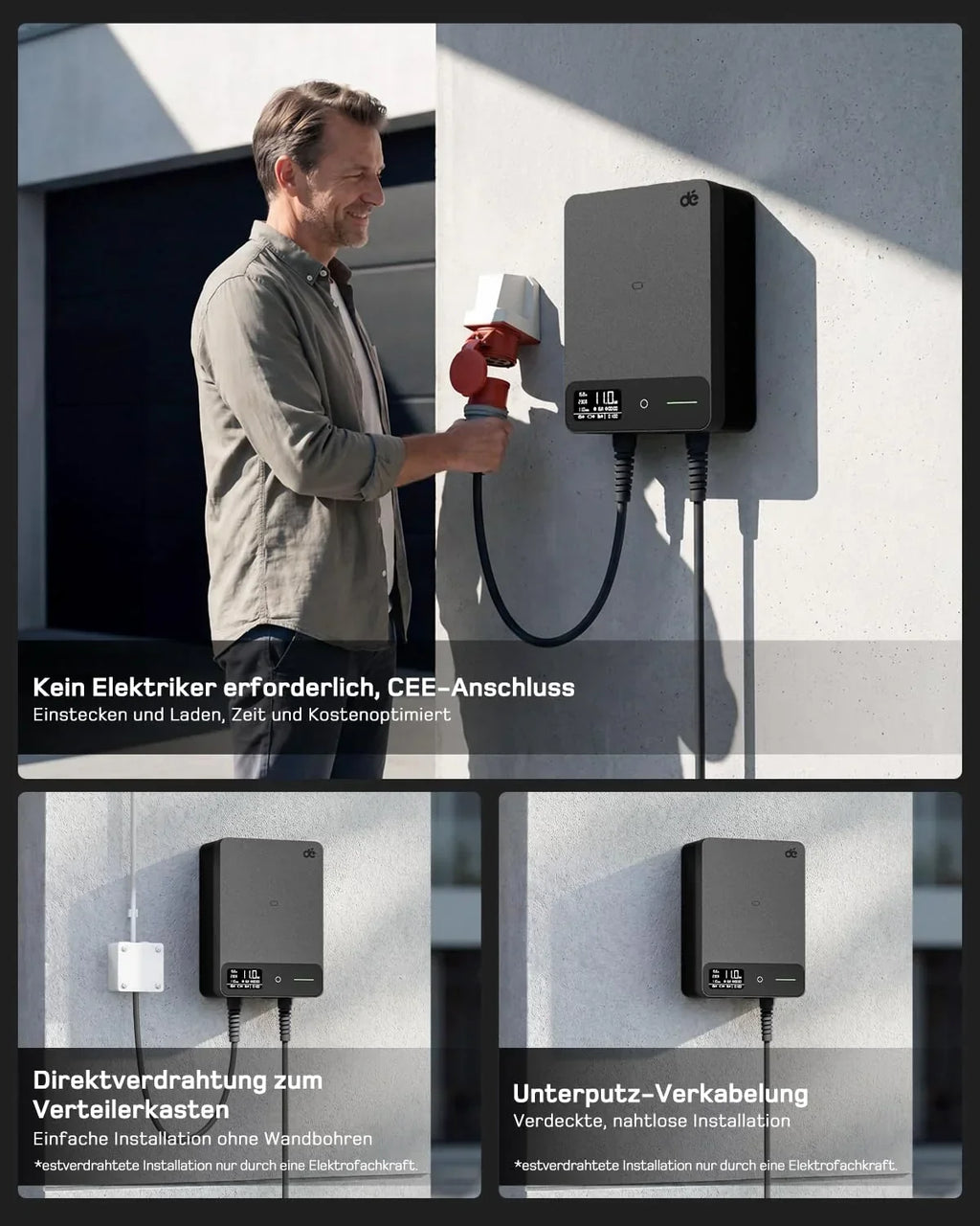 Wallbox 11kW, App, Tipo 2 7,5m, trifásica 400V, negro, soporte de cable, RCD Tipo A 30mA AC/6mA DC, IP54, §14a EnWG