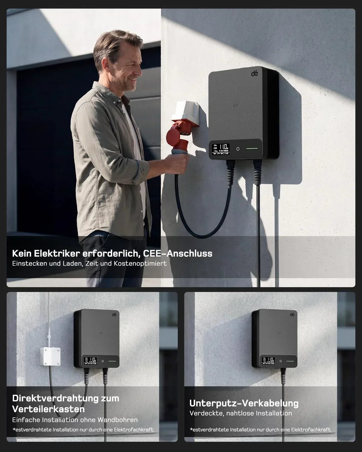 Wallbox 11kW, App, Tipo 2 7,5m, trifásica 400V, negro, soporte de cable, RCD Tipo A 30mA AC/6mA DC, IP54, §14a EnWG