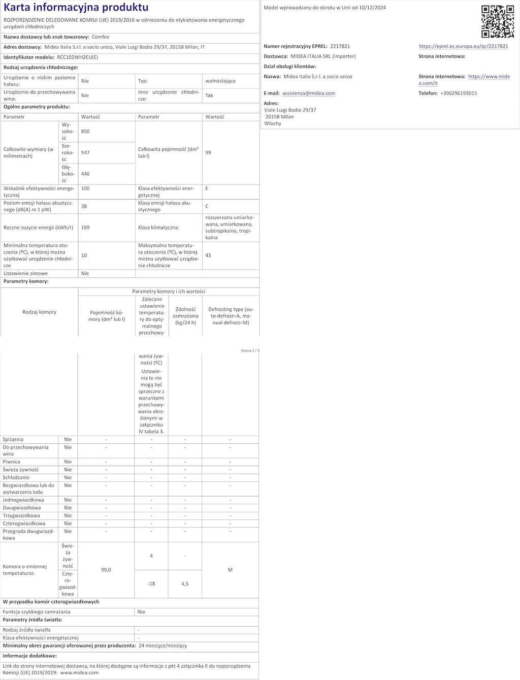Comfee ' RCC102WH2EU(E) Wolnostojąca zamrażarka skrzyniowa 99L, konwertowalna do zamrażarki/lodówki, inwerter, 4 gwiazdki, nadaje się do garaży, biała [klasa energetyczna E]