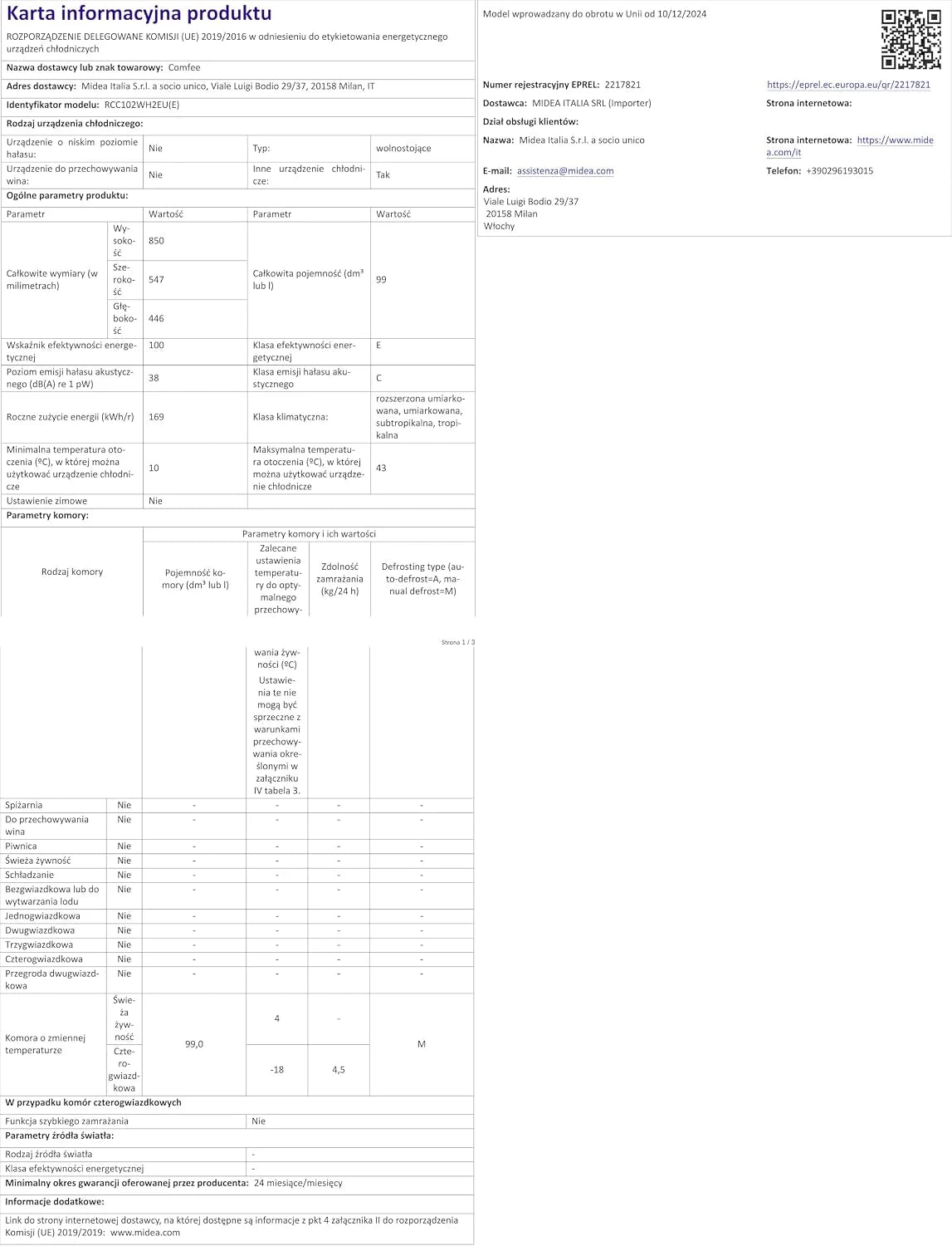 Comfee ' RCC102WH2EU(E) Wolnostojąca zamrażarka skrzyniowa 99L, konwertowalna do zamrażarki/lodówki, inwerter, 4 gwiazdki, nadaje się do garaży, biała [klasa energetyczna E]