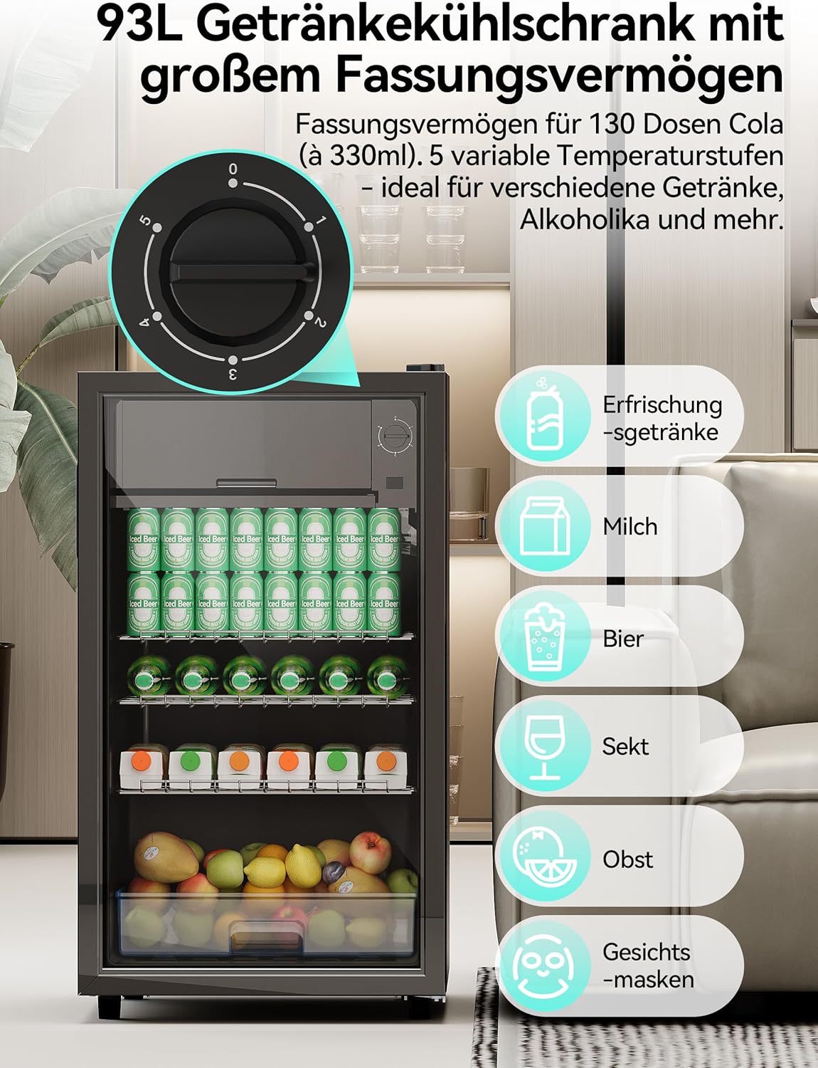 Nevera para bebidas Devoko de 93 L con capacidad para hasta 130 latas, con puerta de cristal e iluminación interior LED. Incluye estantes de altura regulable para refrescos, cerveza y vino. Ideal para el hogar y la oficina en color negro.