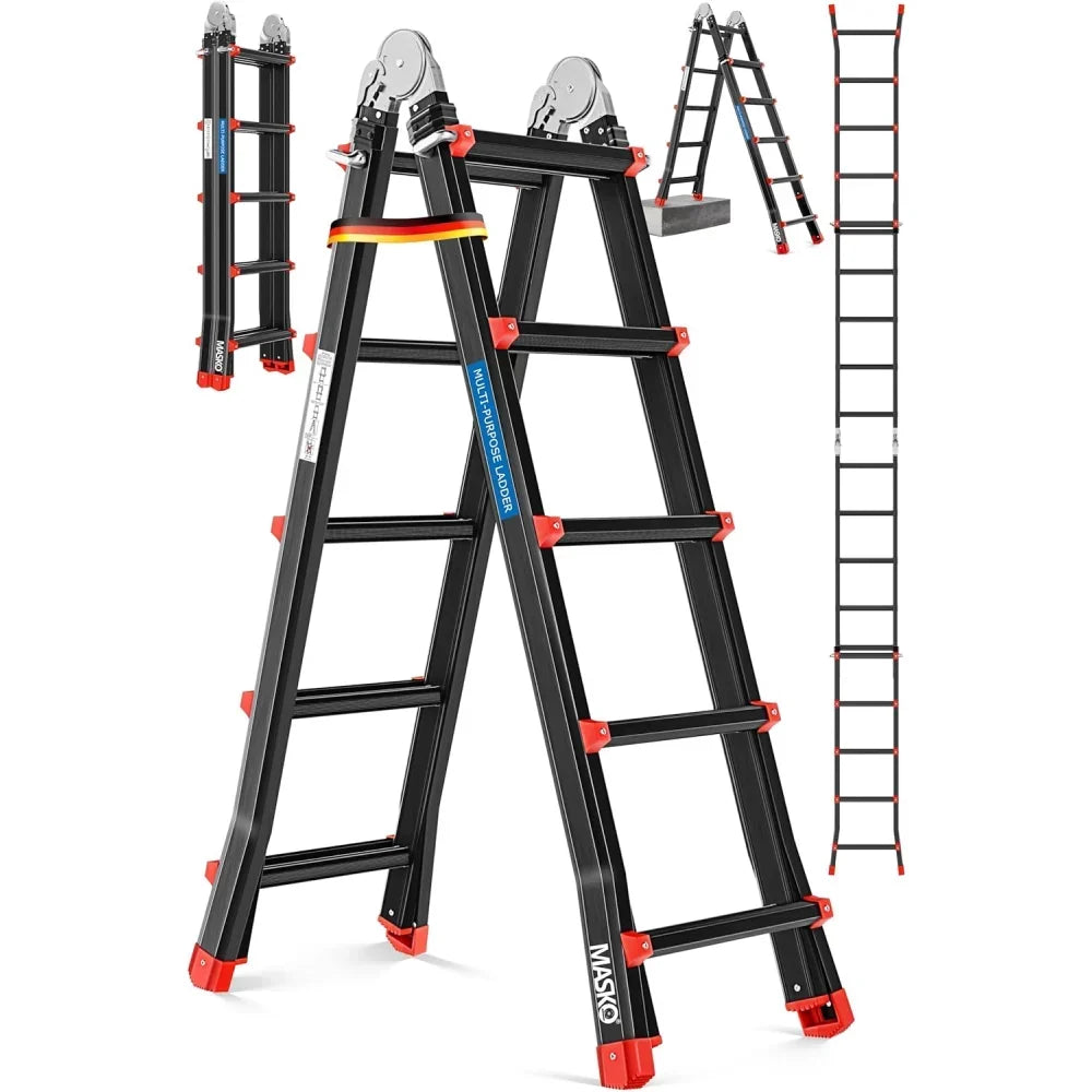 Escalera multiusos de aluminio 6 en 1 19458_mfn 20 peldaños, capacidad de carga de 150 kg, extensible hasta 520 cm, plegable, antideslizante, escalera articulada