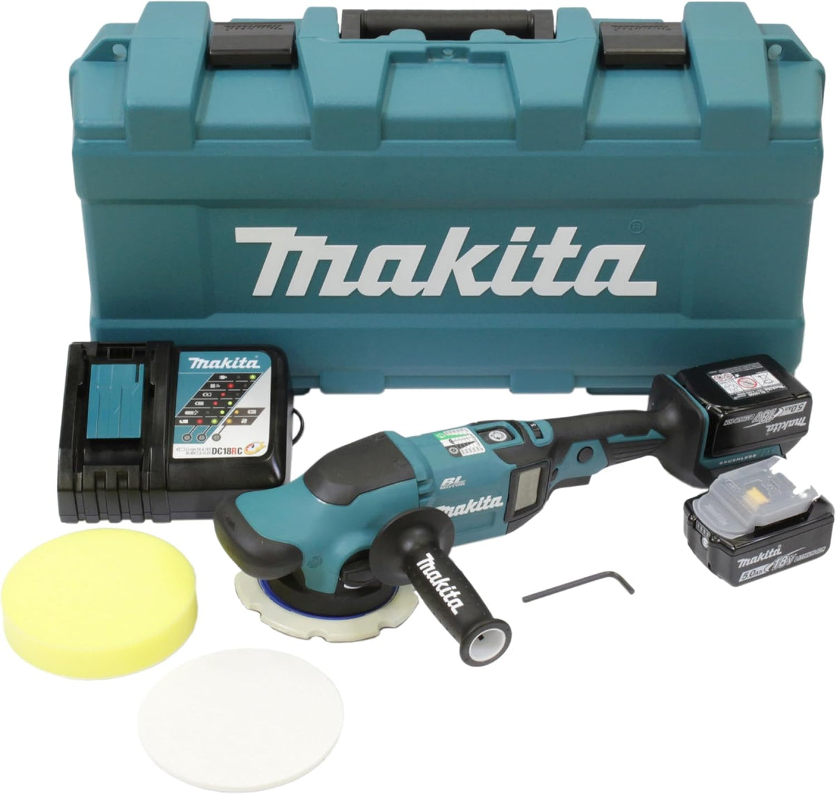 Pulidora excéntrica Makita DPO600TKX1, 1 batería más cargador en maletín de transporte, azul, 18 V / 5,0 Ah