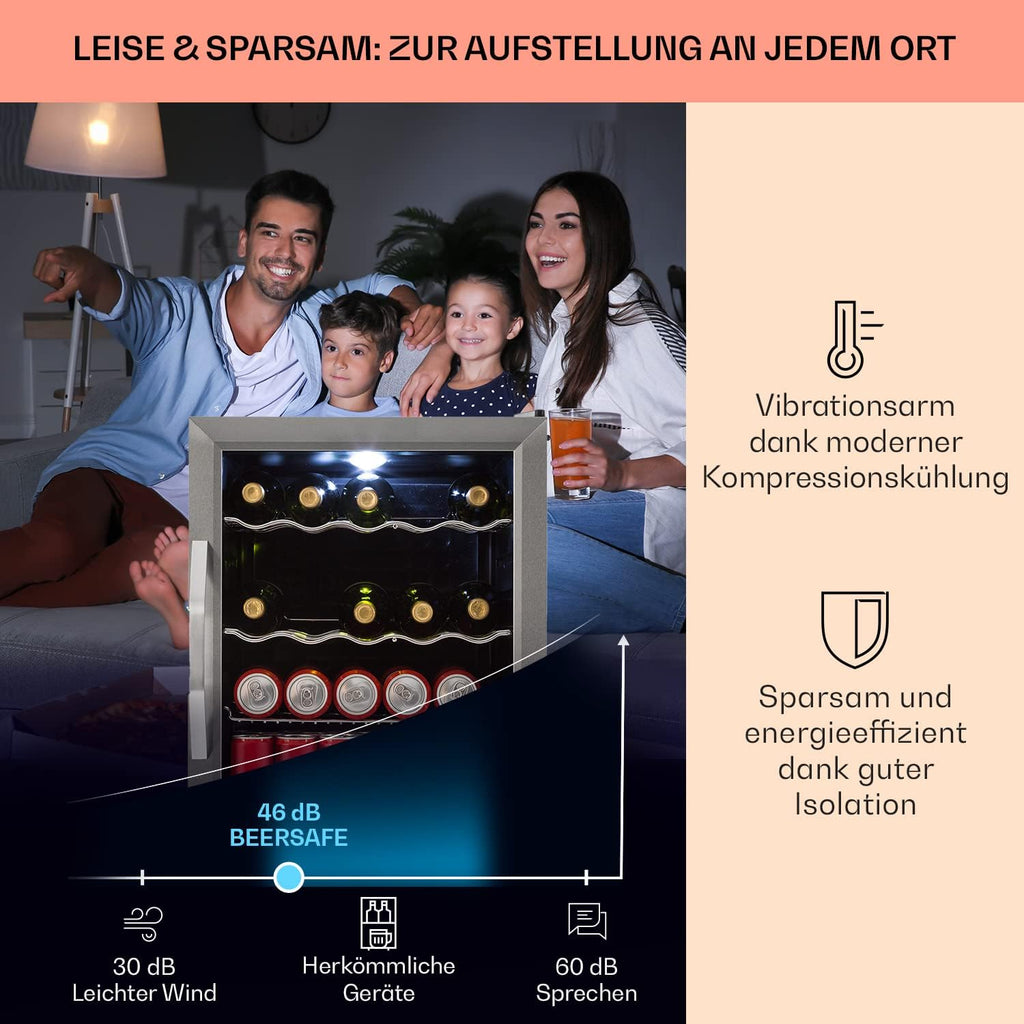 Mininevera Klarstein con puerta de cristal para habitaciones, refrigerador de bebidas con estantes ajustables, pequeño de 80 litros, frigorífico silencioso para interiores/exteriores
