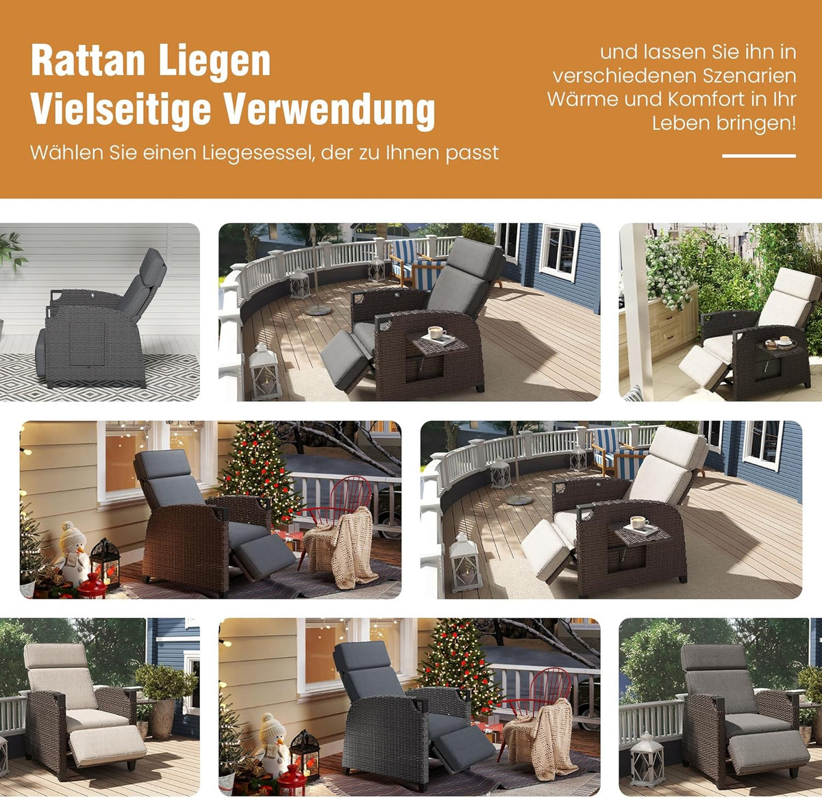 Tumbona Relax Amopatio, hamaca de ratán con respaldo ajustable y mesa plegable, sillón de jardín para exterior resistente a la intemperie, para terraza, jardín, balcón – Gris y Marrón