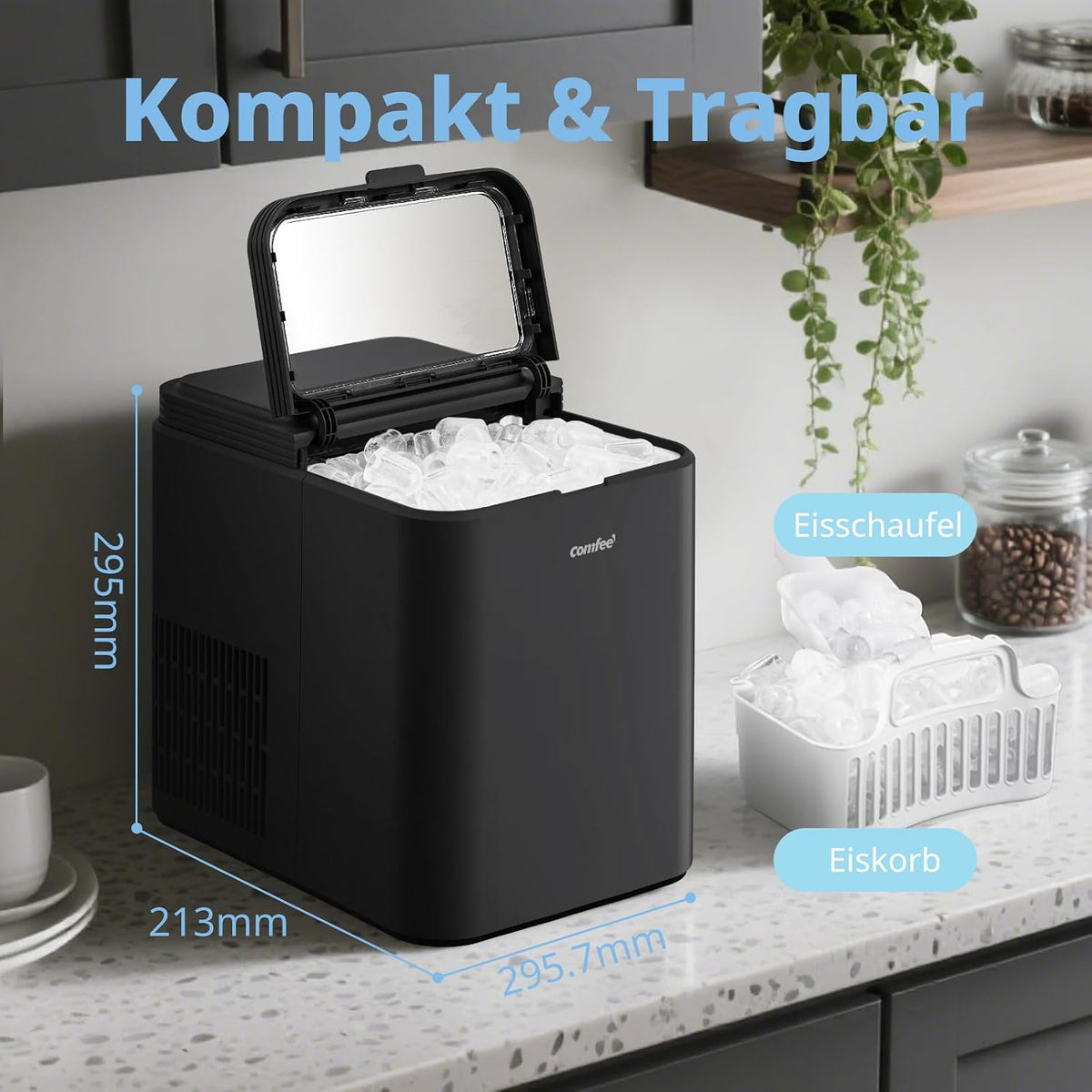 Máquina de hielo Comfee' RCI12BL1EU(E), 8 cubitos en 6 min, 12 kg/24 h, depósito de agua de 1,3 l, función de autolimpieza, máquina de hielo compacta en forma de bala, incluye pala y cesta para el hogar – Negro