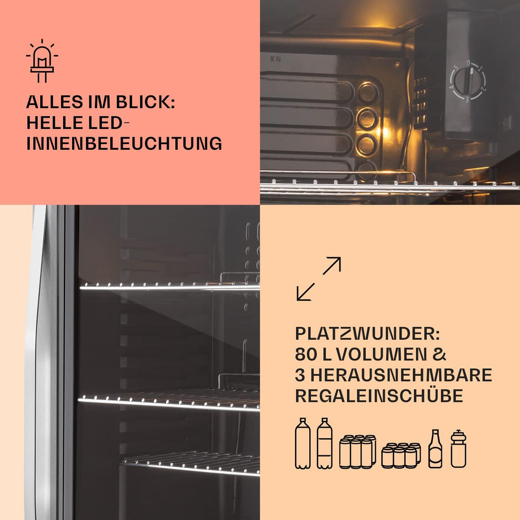 Mininevera Klarstein con puerta de cristal para habitaciones, refrigerador de bebidas con estantes ajustables, pequeño de 80 litros, frigorífico silencioso para interiores/exteriores