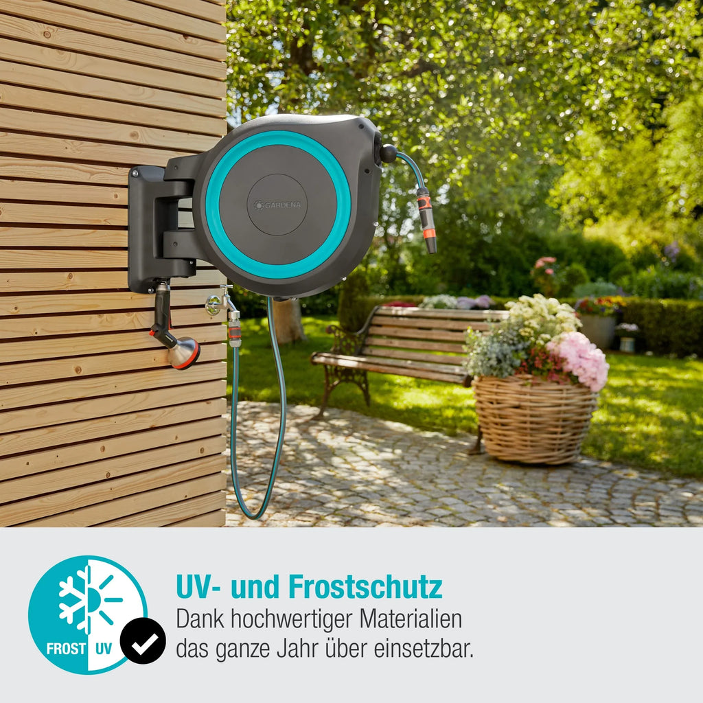 Caja con manguera de pared Gardena RollUp XL turquesa 35 m orientable, riego para jardines, incl. manguera y ayuda para el montaje 1863020