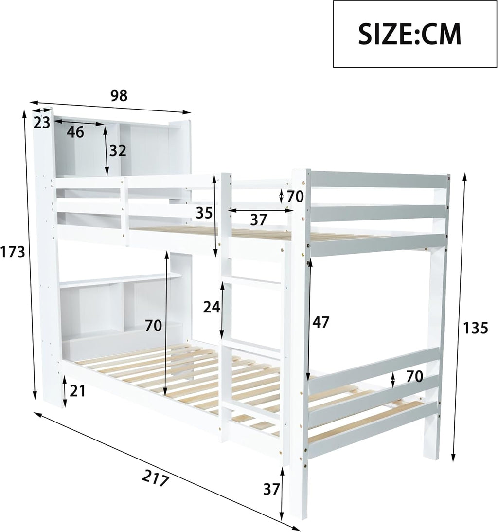 Cama infantil de 90x200 con estantes y escalera, cama funcional litera para 2 niños, litera cama alta juvenil con almacenamiento y somier, cama juvenil con marco de madera maciza, sin colchón, blanca