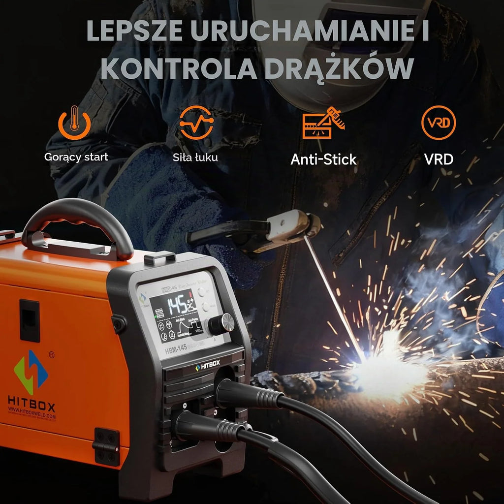HITBOX Przenośna Spawarka MIG 145A | 4 w 1 Bez Gazu 240V | MIG/Łuk/TIG Stykowy/Pistolet | Inwerter Cyfrowy z Wyświetlaczem LCD Do Spawania Drutem Rdzeniowym i Pełnym (HBM145)