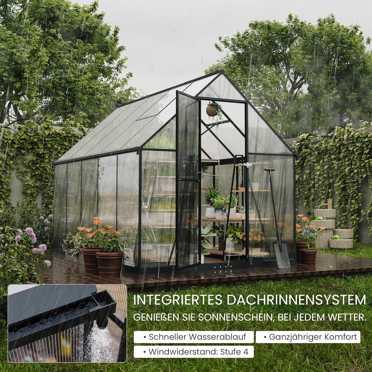 Invernadero de policarbonato ALAULM 175x281x195cm, con puerta con cerradura, techo a dos aguas, ventana de ventilación y canalones, resistente a la intemperie para terraza y jardín (negro)