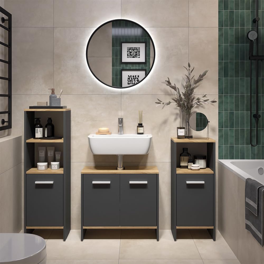 Set de muebles de baño Vicco Karli, antracita/roble dorado, 131.4 cm, compuesto por mueble bajo lavabo, armario con espejo y armario columna