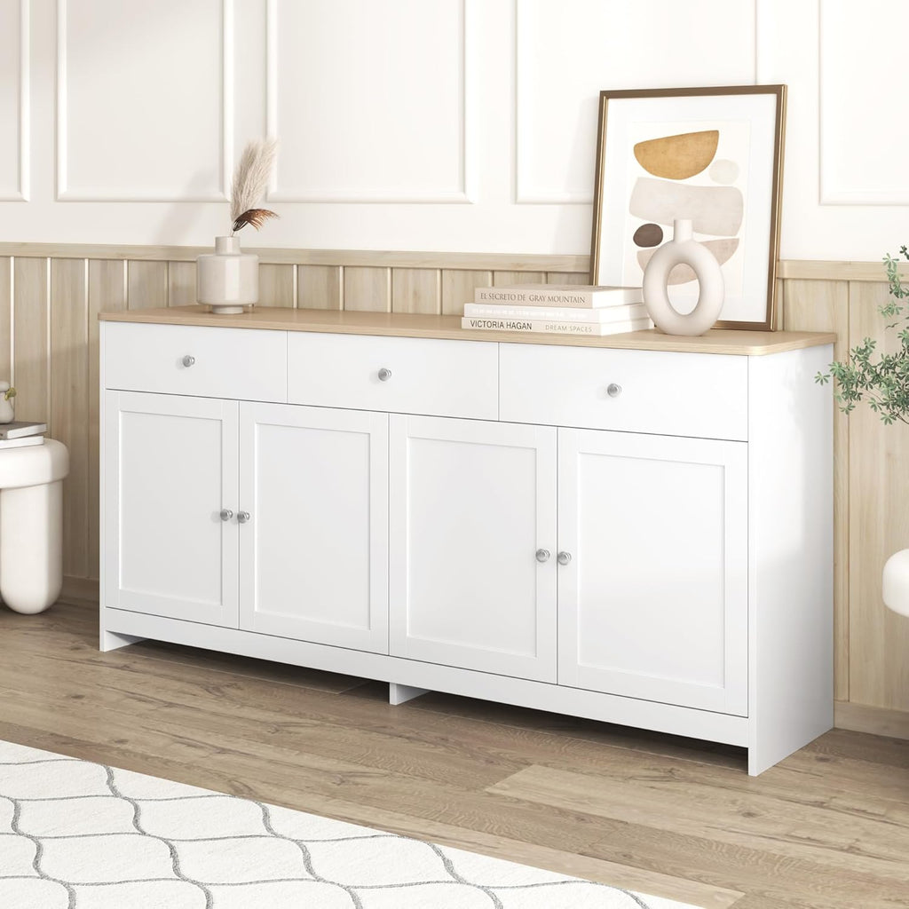 Aparador Ymkua, buffet, cómoda para salón y comedor, armario de almacenamiento con 4 puertas y 3 cajones, armario de salón moderno, 160x37x75 cm, madera y blanco