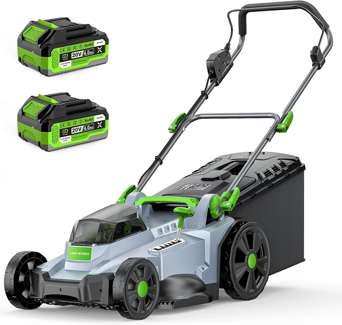 Cortacésped a batería ETOOLAB 40V (2x20V), 43 cm de ancho de corte, hasta 500 m², motor sin escobillas, kit de mulching, cesta de recogida de 50 L, 6 alturas de corte, 25-75 mm de altura de corte, 2 baterías de 4,0 Ah + cargador
