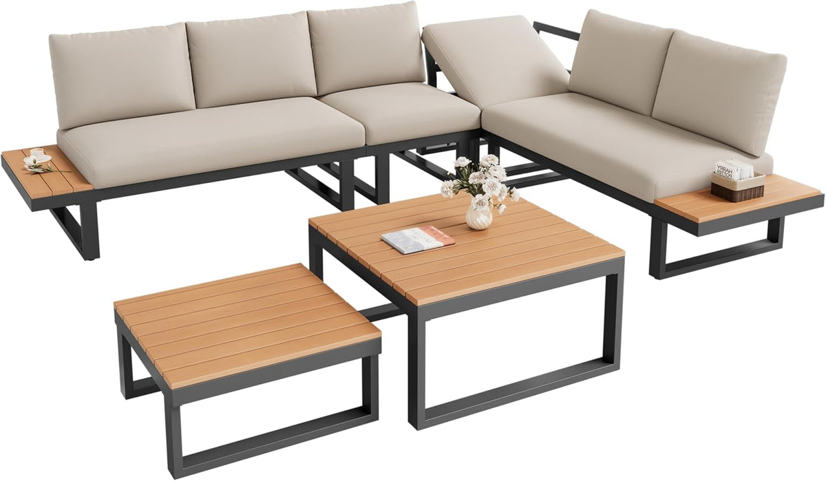 Set de muebles de jardín, posición en esquina, con función de inclinación ajustable (5 niveles, hasta 55°), tubo de acero galvanizado, tablero de mesa de madera plástica, con dos mesas de centro, beige + gris