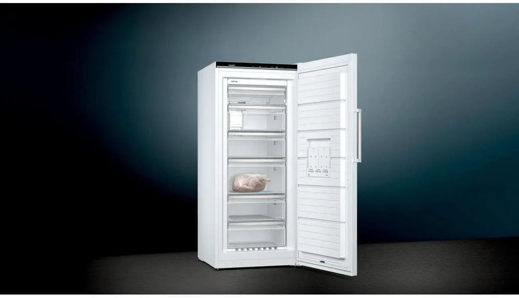 Congelador Siemens GS54NAWCV iQ500, 176 x 70 cm, 327 L, noFrost nunca más volver a descongelar, bigBox espacio para alimentos congelados grandes, varioZone estantes y cajones de cristal flexibles, Blanco