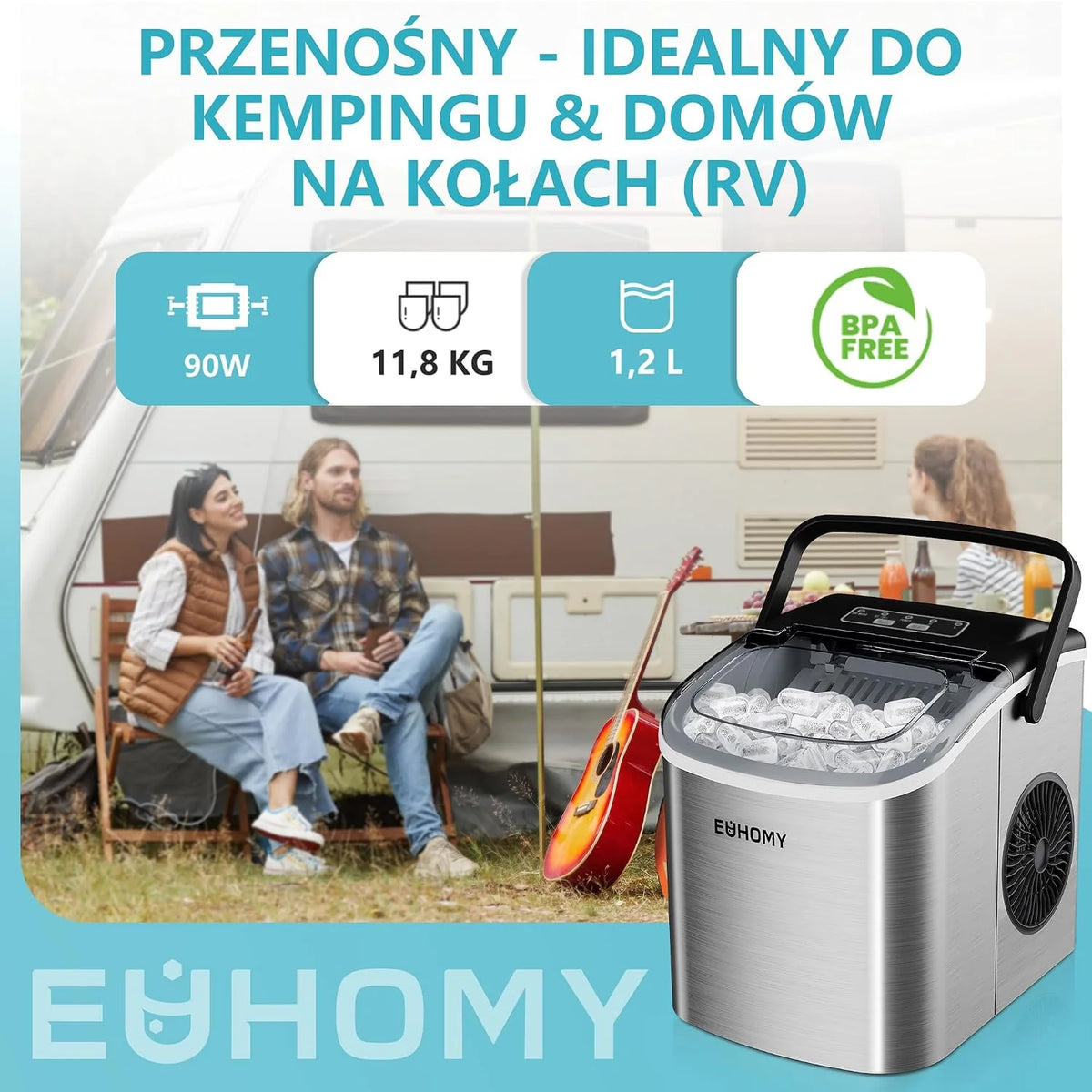 EUHOMY Kostkarka do lodu, 9 Kostek w 6 Minut, 12 kg/24 h, Maszyna do Kostek Lodu ze Stali Nierdzewnej z Przenośną Rękojeścią, Samoczyszczące Kompaktowe Maszyny do Lodu do Domu/Kuchni/Biura/Baru