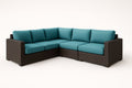 Sofá rinconero modular de exterior de resina trenzada marrón con cojines de poliéster azul