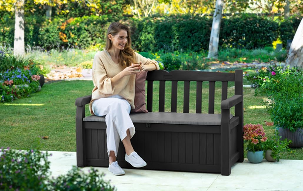Banco de jardín Keter Eden para balcón y jardín, banco con arcón integrado de 265 l de capacidad, 140x60x84 cm, resistente a la intemperie, de fácil mantenimiento, gris, exterior, efecto madera
