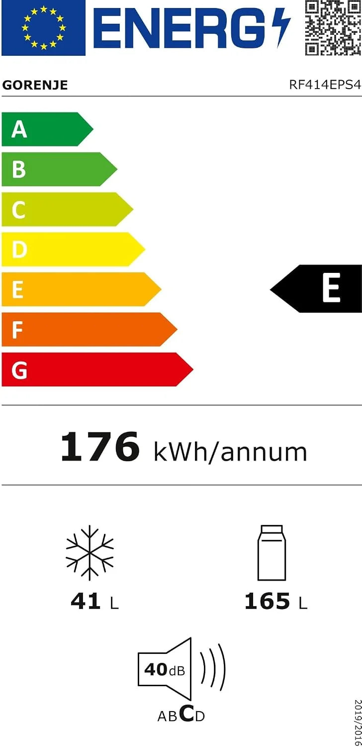 Gorenje RF414EPS4 lodówka dwudrzwiowa z zamrażarką na górze, 165 l, zamrażarka 41 litrów, oświetlenie wewnętrzne LED, klasa efektywności energetycznej E, 143,6 cm x 55 cm, srebrna