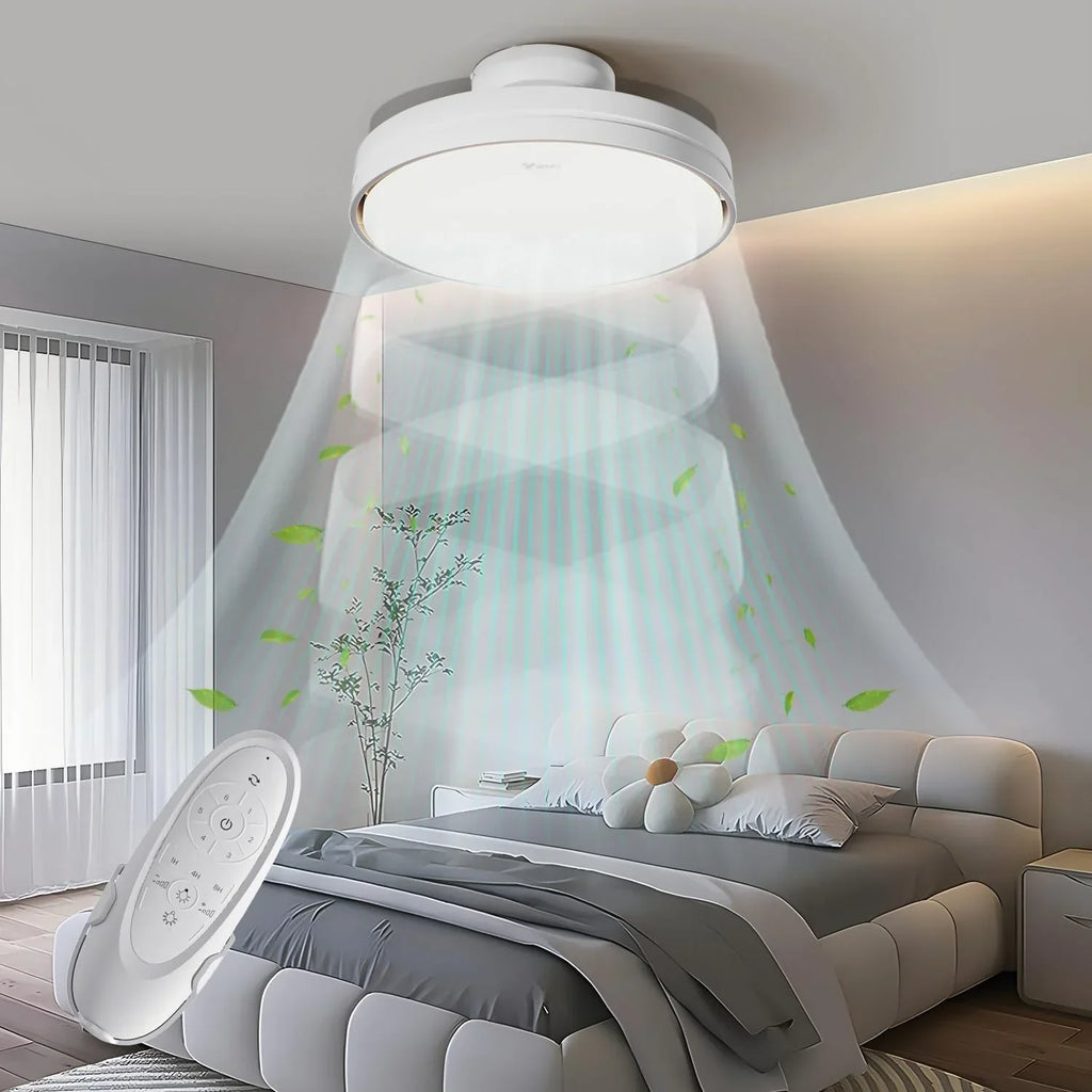 Ventilador de techo silencioso sin aspas con luz regulable, motor DC de 30W, luz LED CCT de 3000-5700K (60W total), con mando a distancia, 6 velocidades, temporizador y función de memoria, apto para salón y dormitorio.