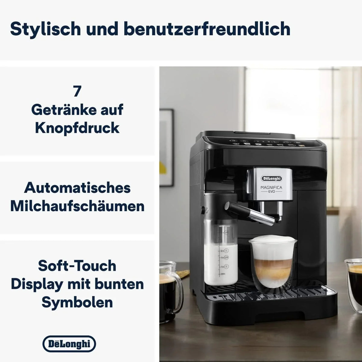 Cafetera superautomática De'Longhi Magnifica Evo ECAM 292.81.B con sistema de leche LatteCrema, 7 botones de selección directa para cappuccino, espresso y otras especialidades de café, función de 2 tazas, negro
