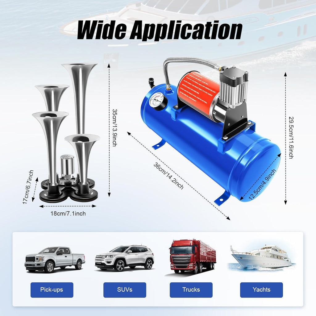 Kit de bocina de aire de 4 trompetas, 6 litros, con compresor de aire de 150 PSI, bocina neumática universal