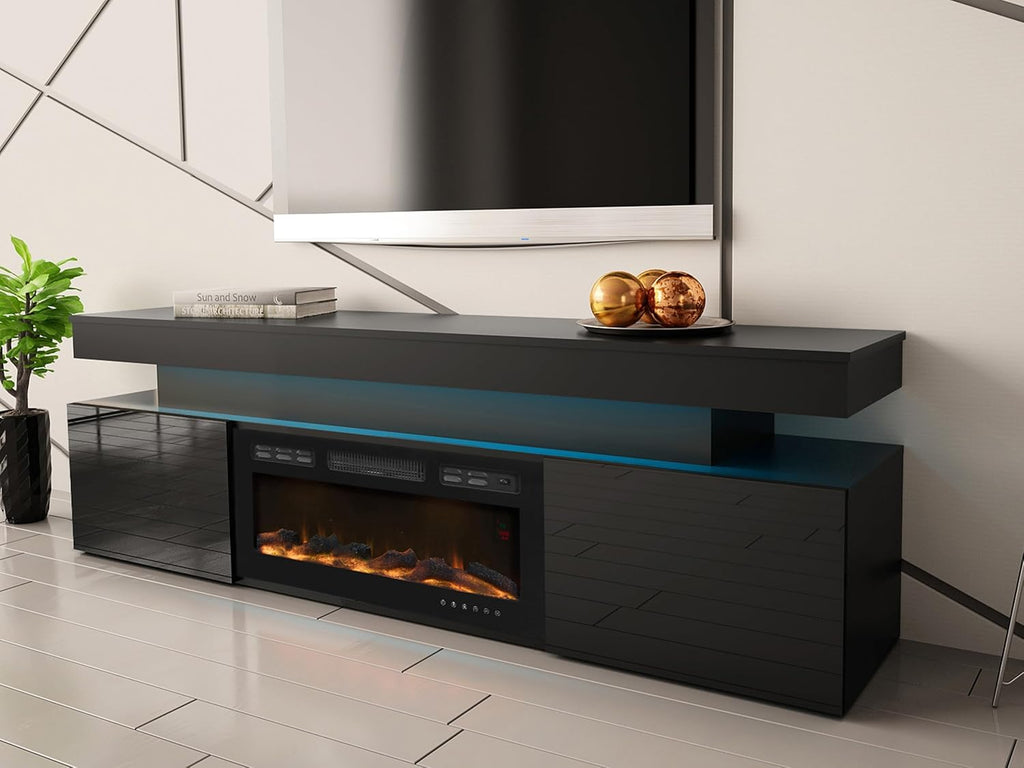 Mueble de TV Mirjan24 Serkuzo EF 2D con chimenea eléctrica, práctico mueble para televisión, soporte de TV con apertura sin tiradores, llama LED realista (negro/negro de alto brillo)