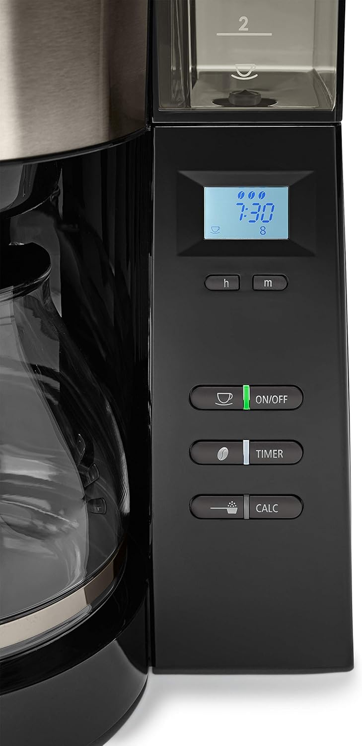 Melitta AromaFresh - Cafetera de filtro - con jarra de cristal - molinillo integrado - función de temporizador - 10 tazas - Negro puro