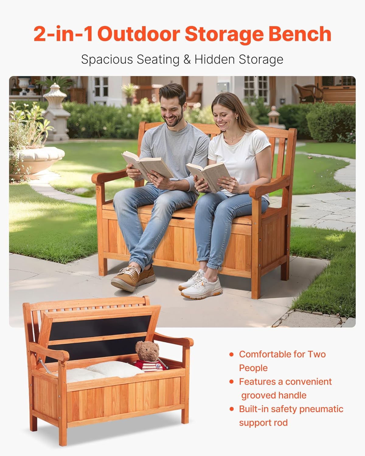 VEVOR Banco de jardín, banco con arcón de almacenamiento, banco de almacenaje, capacidad de carga de hasta 328 kg, asiento de jardín y decoración para porche, para terraza, jardín, balcón, 106,5x58,5x90,1 cm