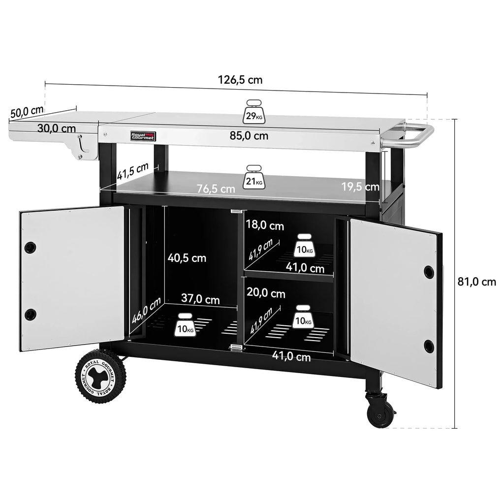 Carrito para barbacoa con mesa lateral plegable, armario inferior, superficie de trabajo de acero inoxidable, soporte para toallas, ruedas, plateado