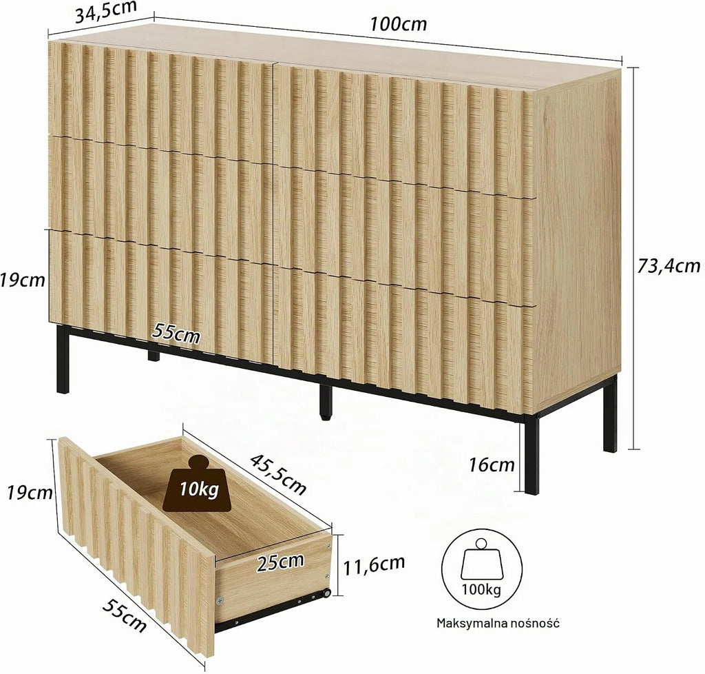UEV Komoda z 6 szufladami, 73,4 x 34,5 x 100 cm, szafka z szufladami, wąska komoda, komoda do przechowywania, szafa do salonu, sypialni, przedpokoju (naturalna)