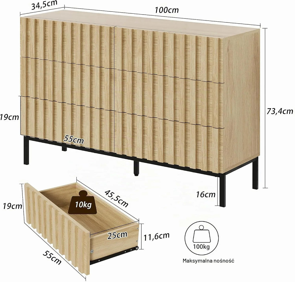 UEV Komoda z 6 szufladami, 73,4 x 34,5 x 100 cm, szafka z szufladami, wąska komoda, komoda do przechowywania, szafa do salonu, sypialni, przedpokoju (naturalna)