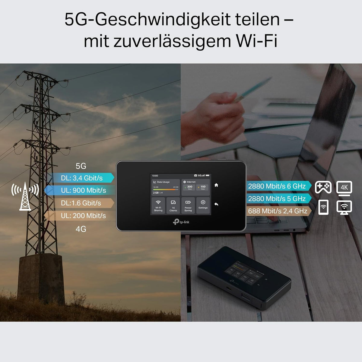 Router Wi-Fi móvil 5G LTE TP-Link M8550 – Hasta 3,4 Gbps, Wi-Fi 6E tribanda, ranura para tarjeta Nano-SIM, WAN/LAN Gigabit, batería de 4680 mAh, pantalla táctil, WireGuard, hasta 32 dispositivos